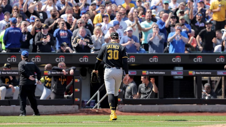 Mar 26, 2026; New York City, New York, USA; Pittsburgh Pirates starting pitcher Paul Skenes (30) walks off the field after being taken out of the game against the New York Mets during the first inning at Citi Field. Mandatory Credit: Brad Penner-Imagn Images
