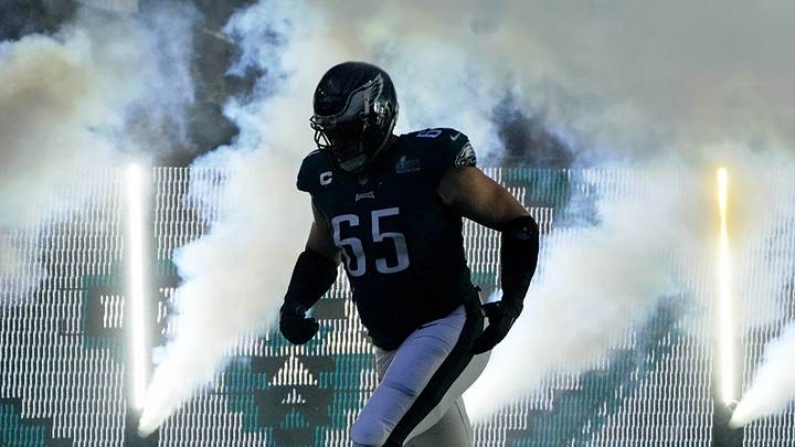 Feb 12, 2023; Glendale, Arizona, US; Philadelphia Eagles offensive tackle Lane Johnson (65) runs onto the field before Super Bowl LVII against the Kansas City Chiefs at State Farm Stadium. Mandatory Credit: Kirby Lee-USA TODAY Sports Feb 12, 2023; Glendale, Arizona, US; Philadelphia Eagles offensive tackle Lane Johnson (65) runs onto the field before Super Bowl LVII against the Kansas City Chiefs at State Farm Stadium. Mandatory Credit: Kirby Lee-USA TODAY Sports
