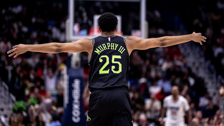 Mar 15, 2024; New Orleans, Louisiana, USA;  New Orleans Pelicans guard Trey Murphy III (25) reacts after a play against the Clippers.