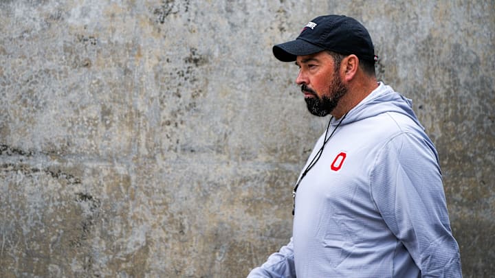 Ohio State Buckeyes head coach Ryan Day walks to the field during the Ohio State football spring game.