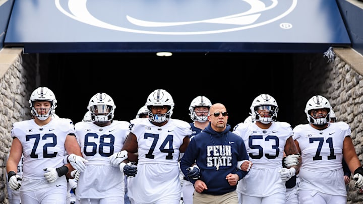 Head coach James Franklin leads the team onto the field for the Penn State Spring Football Game at Beaver Stadium on April 13, 2024 in State College, Pennsylvania.