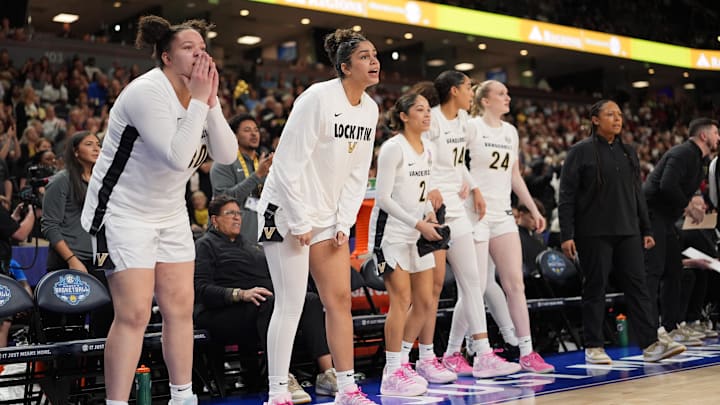 Mar 6, 2026; Greenville, SC, USA; Vanderbilt Commodores bench yells encouragement during the second half against the Mississippi Rebels at Bon Secours Wellness Arena. 
