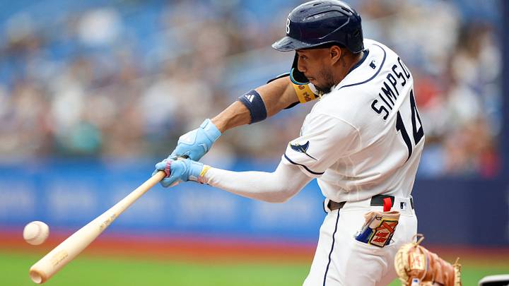 Sep 17, 2026; St. Petersburg, Florida, USA; Tampa Bay Rays left fielder Chandler Simpson (14) hits a two rbi single against the Oakland Athletics in the fourth inning at Tropicana Field. Mandatory Credit: Nathan Ray Seebeck-Imagn Images Sep 17, 2026; St. Petersburg, Florida, USA; Tampa Bay Rays left fielder Chandler Simpson (14) hits a two rbi single against the Oakland Athletics in the fourth inning at Tropicana Field. Mandatory Credit: Nathan Ray Seebeck-Imagn Images