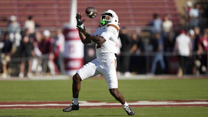 Sep 4, 2026; Stanford, California, USA;  Miami Hurricanes wide receiver Malachi Toney (1) warms up prior to a game against the Stanford Cardinal at Stanford Stadium.  Mandatory Credit: Stan Szeto-Imagn Images