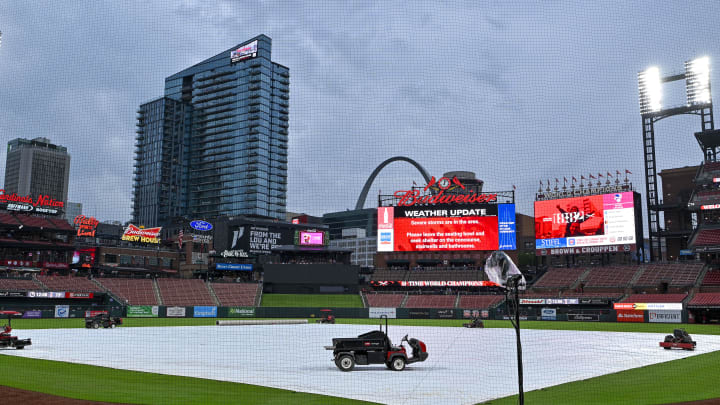 May 8, 2024; St. Louis, Missouri, USA; A general view of the tarp on the field as storms move through the St. Louis region delaying a game between the St. Louis Cardinals and the New York Mets at Busch Stadium. Mandatory Credit: Jeff Curry-USA TODAY Sports May 8, 2024; St. Louis, Missouri, USA; A general view of the tarp on the field as storms move through the St. Louis region delaying a game between the St. Louis Cardinals and the New York Mets at Busch Stadium. Mandatory Credit: Jeff Curry-USA TODAY Sports
