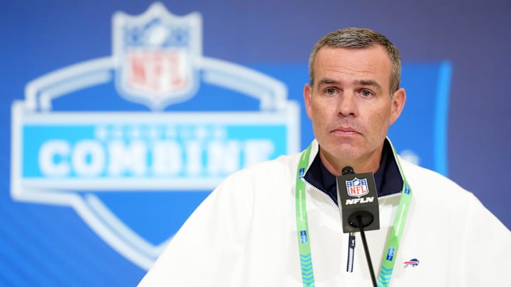 Feb 24, 2026; Indianapolis, IN, USA; Buffalo Bills general manager Brandon Beane speaks at the NFL Scouting Combine at the Indiana Convention Center. Mandatory Credit: Kirby Lee-Imagn Images