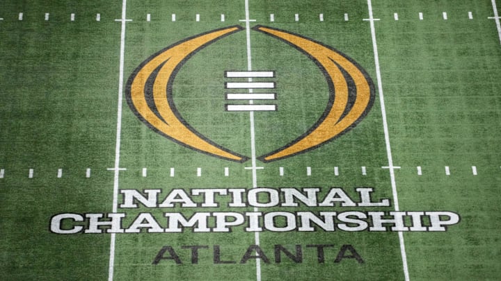 Jan 19, 2025; Atlanta, GA, USA; The College Football Playoff National Championship logo at midfield at Mercedes-Benz Stadium, the site of the 2025 College Football Playoff National Championship between the Ohio State Buckeyes and the Notre Dame Fighting Irish. Mandatory Credit: Kirby Lee-Imagn Images