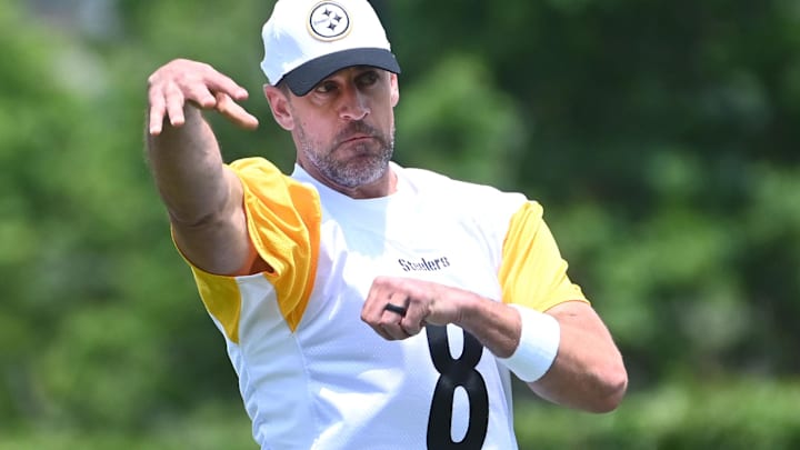 Jun 10, 2025; Pittsburgh, PA, USA; Pittsburgh Steelers quarterback Aaron Rodgers (8) throws the ball during minicamp at their South Side facility. Mandatory Credit: Philip G. Pavely-Imagn Images