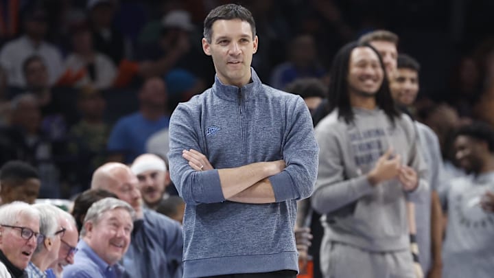 Nov 11, 2024; Oklahoma City, Oklahoma, USA; Oklahoma City Thunder head coach Mark Daigneault smiles after a play against the Los Angeles Clippers during the second quarter at Paycom Center. Mandatory Credit: Alonzo Adams-Imagn Images