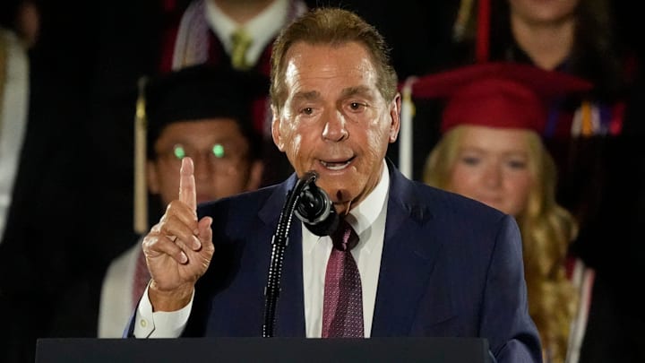 May 1, 2025; Tuscaloosa, AL, USA; Former football coach Nick Saban introduces President Donald Trump during a special commencement ceremony at the University of Alabama. May 1, 2025; Tuscaloosa, AL, USA; Former football coach Nick Saban introduces President Donald Trump during a special commencement ceremony at the University of Alabama.