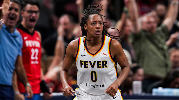 Indiana Fever guard Kelsey Mitchell (0) runs down the court after scoring a 3-pointer Friday, Sept. 6, 2024, during a game between the Indiana Fever and the Minnesota Lynx at Gainbride Fieldhouse in Indianapolis. The Lynx defeated the Fever, 99-88.