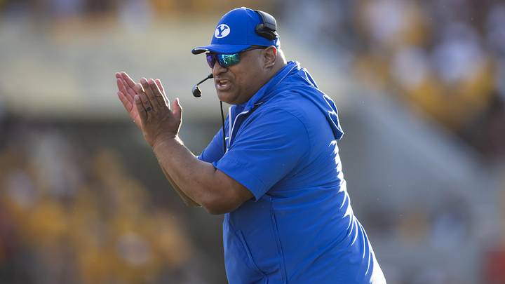 Nov 23, 2024; Tempe, Arizona, USA; Brigham Young Cougars head coach Kalani Sitake against the Arizona State Sun Devils at Mountain America Stadium. Mandatory Credit: Mark J. Rebilas-Imagn Images Nov 23, 2024; Tempe, Arizona, USA; Brigham Young Cougars head coach Kalani Sitake against the Arizona State Sun Devils at Mountain America Stadium. Mandatory Credit: Mark J. Rebilas-Imagn Images