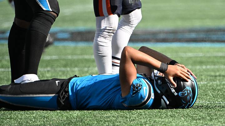 Carolina Panthers quarterback Bryce Young (9) reacts in the second half against the Chicago Bears Carolina Panthers quarterback Bryce Young (9) reacts in the second half against the Chicago Bears