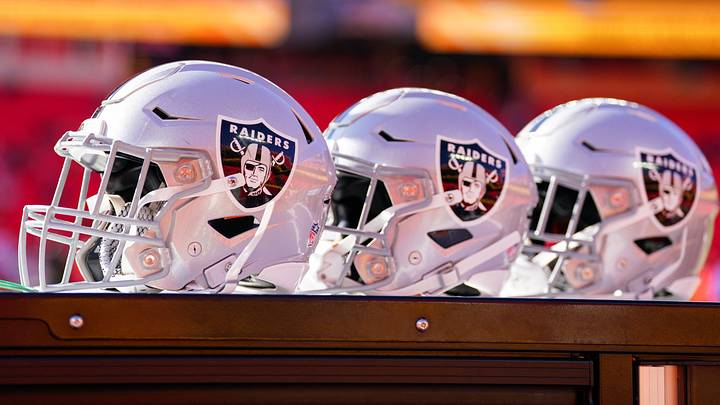 Nov 29, 2024; Kansas City, Missouri, USA; A general view of Las Vegas Raiders helmets against the Kansas City Chiefs prior to a game at GEHA Field at Arrowhead Stadium. Mandatory Credit: Denny Medley-Imagn Images