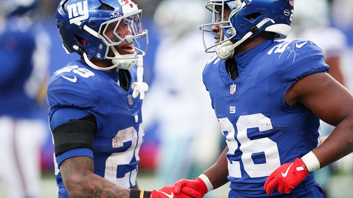 Jan 4, 2026; East Rutherford, New Jersey, USA; New York Giants running back Devin Singletary (26) celebrates with New York Giants running back Tyrone Tracy Jr. (29) after scoring a touchdown during the fourth quarter against the Dallas Cowboys at MetLife Stadium. Mandatory Credit: Vincent Carchietta-Imagn Images