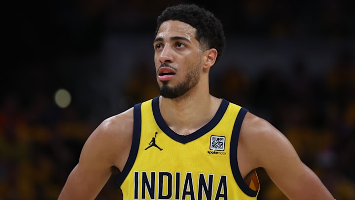 May 27, 2025; Indianapolis, Indiana, USA; Indiana Pacers guard Tyrese Haliburton (0) stands on court during the second quarter against the New York Knicks of game four of the eastern conference finals for the 2025 NBA Playoffs at Gainbridge Fieldhouse. Mandatory Credit: Trevor Ruszkowski-Imagn Images