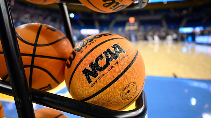 Feb 5, 2025; Los Angeles, California, USA; A rack of basketballs with the NCAA logo before that start of the UCLA Bruins - Ohio State Buckeyes game at Pauley Pavilion presented by Wescom. Mandatory Credit: Robert Hanashiro-Imagn Images
