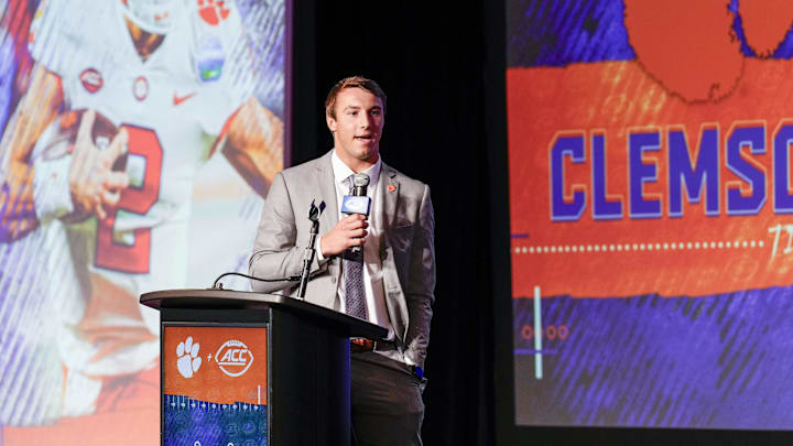 Jul 27, 2023; Charlotte, NC, USA; Clemson quarterback Cade Klubnik answers questions from the media during the ACC 2023 Kickoff at The Westin Charlotte. Mandatory Credit: Jim Dedmon-Imagn Images