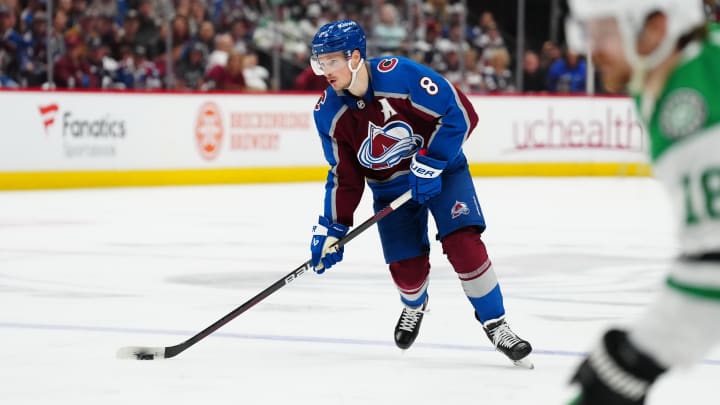 May 17, 2024; Denver, Colorado, USA; Colorado Avalanche defenseman Cale Makar (8) during a second period power play against the Dallas Stars in game six of the second round of the 2024 Stanley Cup Playoffs at Ball Arena. Mandatory Credit: Ron Chenoy-USA TODAY Sports May 17, 2024; Denver, Colorado, USA; Colorado Avalanche defenseman Cale Makar (8) during a second period power play against the Dallas Stars in game six of the second round of the 2024 Stanley Cup Playoffs at Ball Arena. Mandatory Credit: Ron Chenoy-USA TODAY Sports