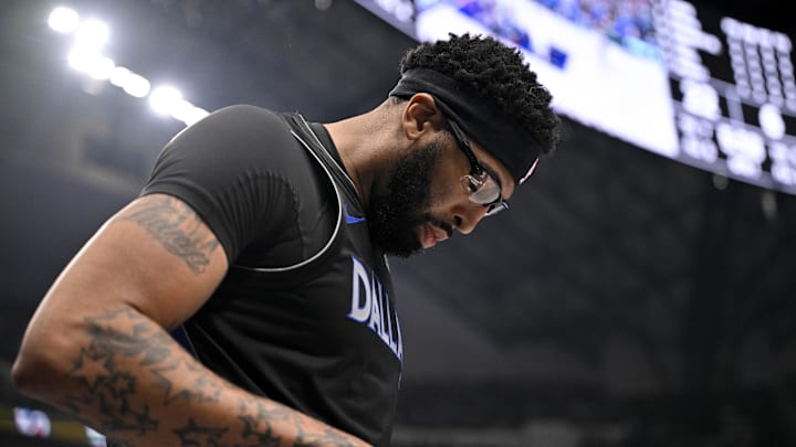 Dec 23, 2025; Dallas, Texas, USA; Dallas Mavericks forward Anthony Davis (3) looks down after being called for a foul against the Denver Nuggets during the first quarter at the American Airlines Center. Mandatory Credit: Jerome Miron-Imagn Images