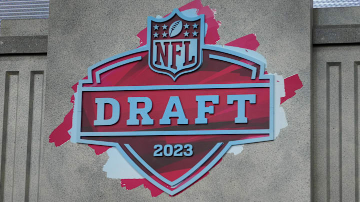 The 2023 NFL Draft logo on the main stage at Union Station.