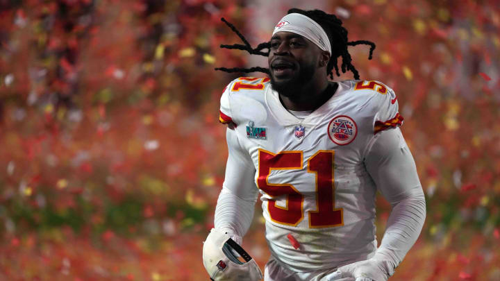 Feb 12, 2023; Glendale, Arizona, US; Kansas City Chiefs defensive end Mike Danna (51) against the Philadelphia Eagles during Super Bowl LVII at State Farm Stadium. Mandatory Credit: Joe Camporeale-USA TODAY Sports