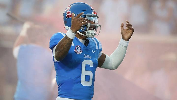 Sep 19, 2026; Oxford, Mississippi, USA; Mississippi Rebels quarterback Trinidad Chambliss (6) runs onto the field prior to the game against the Louisiana State Tigers at Vaught-Hemingway Stadium. Sep 19, 2026; Oxford, Mississippi, USA; Mississippi Rebels quarterback Trinidad Chambliss (6) runs onto the field prior to the game against the Louisiana State Tigers at Vaught-Hemingway Stadium.