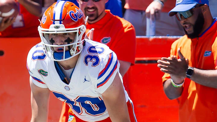 Florida Gators wide receiver Taylor Spierto (30) celebrates his big reception in the first half during the Orange and Blue game at Ben Hill Griffin Stadium in Gainesville, FL on Saturday, April 13, 2024 [Doug Engle/Gainesville Sun]2024
