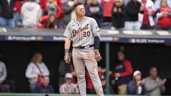 Tigers Spencer Torkelson reacts after struckout against Guardians in the 7th inning at Game 5 of ALDS at Progressive Field in Cleveland, Ohio on Saturday, Oct. 12, 2024. Tigers Spencer Torkelson reacts after struckout against Guardians in the 7th inning at Game 5 of ALDS at Progressive Field in Cleveland, Ohio on Saturday, Oct. 12, 2024.