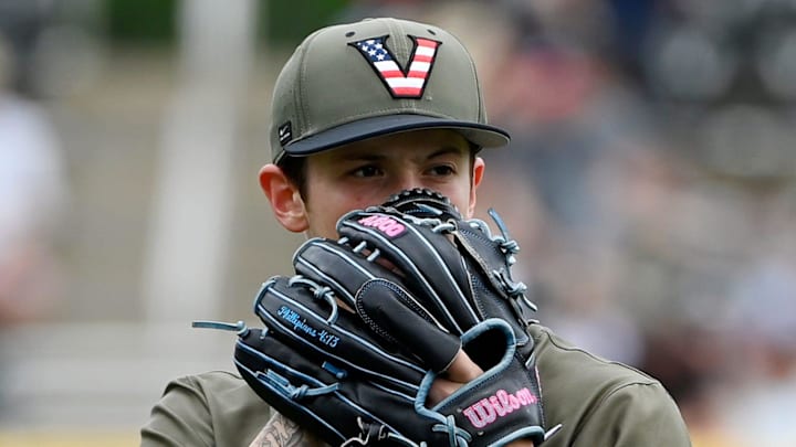 Vanderbilt pitcher Connor Fennell (39) throw to a Georgia batter during the first inning of an NCAA college baseball game at Hawkins Field Saturday, April 19, 2025, in Nashville, Tenn.