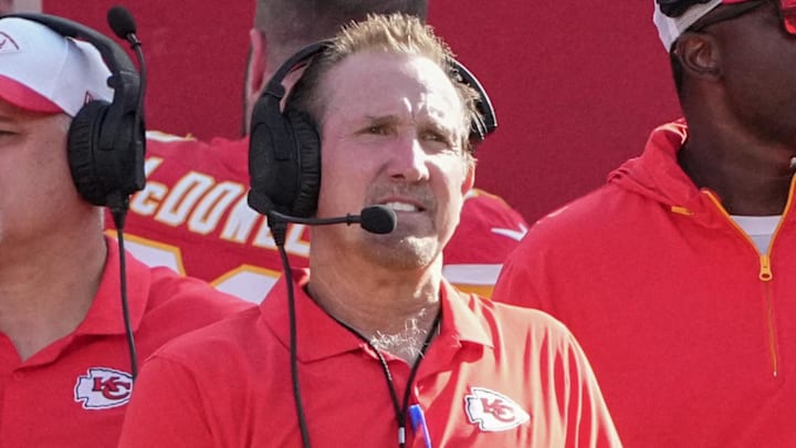 Aug 17, 2024; Kansas City, Missouri, USA; Kansas City Chiefs defensive coordinator Steve Spagnuolo watches play on the sidelines against the Detroit Lions during the game at GEHA Field at Arrowhead Stadium. Mandatory Credit: Denny Medley-Imagn Images