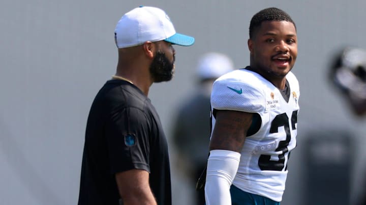 Jacksonville Jaguars cornerback Tyson Campbell (32) looks on during the seventh day of an NFL football training camp practice Wednesday, July 31, 2024 at EverBank Stadium’s Miller Electric Center in Jacksonville, Fla.