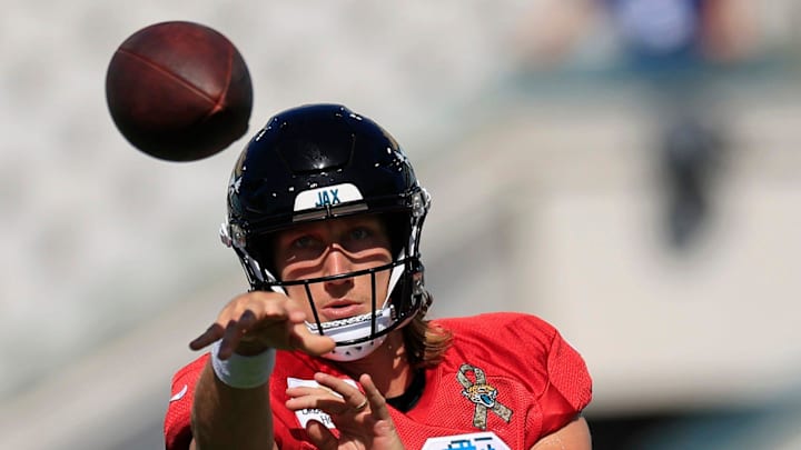 Jacksonville Jaguars quarterback Trevor Lawrence (16) passes the ball during the ninth day of an NFL football training camp practice Saturday, Aug. 3, 2024 at EverBank Stadium in Jacksonville, Fla. Today marked the first day of public practice inside the stadium.