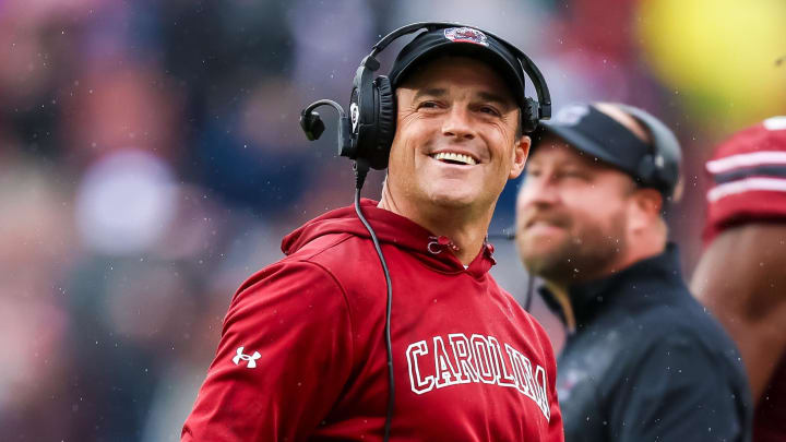 Nov 11, 2023; Columbia, South Carolina, USA; South Carolina Gamecocks head coach Shane Beamer celebrates after a play against the Vanderbilt Commodores in the second half at Williams-Brice Stadium. Mandatory Credit: Jeff Blake-USA TODAY Sports