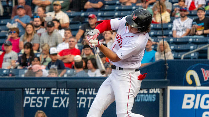 Worcester's Roman Anthony hits a leadoff double for his first Triple A hit Tuesday at Polar Park against Lehigh Valley.