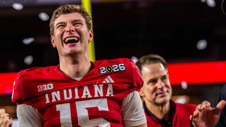 Indiana's Fernando Mendoza (15) smiles as he celebrates after the College Football Playoff National Championship college football game at Hard Rock Stadium in Miami Gardens on Monday, Jan. 19, 2026.