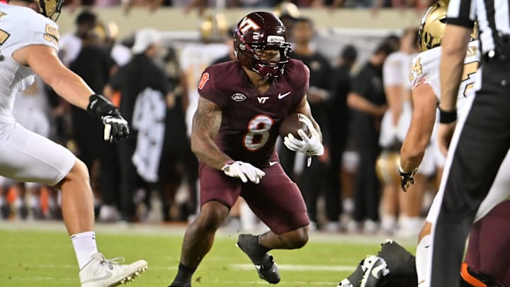 Sep 6, 2025; Blacksburg, Va; Virginia Tech running back Terion Stewart (8) runs the ball.