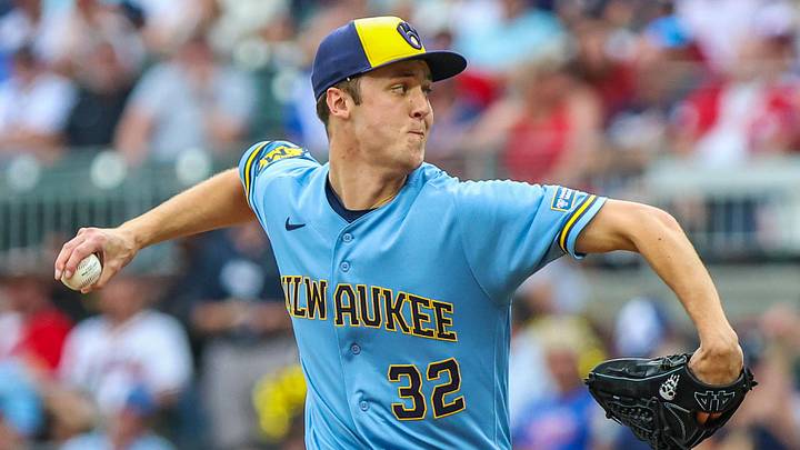 Milwaukee Brewers pitcher Jacob Misiorowski (32) pitches
