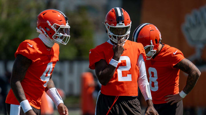 Quarterbacks Deshaun Watson, Shedeur Sanders and Dillon Gabriel practice together at the Browns mini camp in Berea on April 21, 2026.