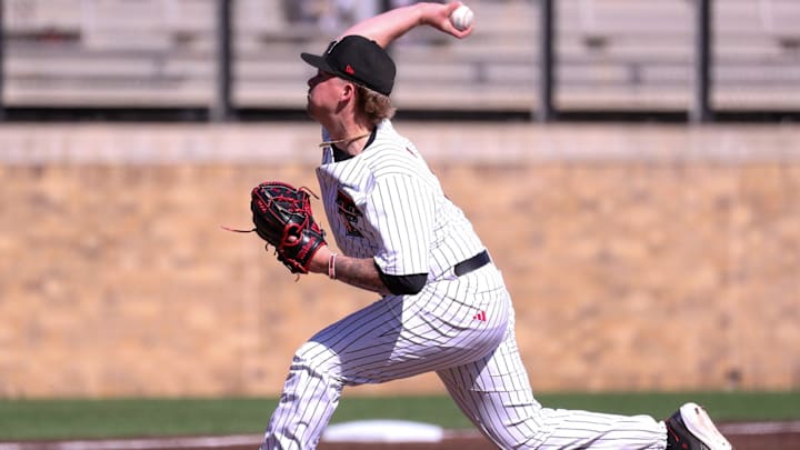 Texas Tech's Kayson Raineri delivers a pitch against UAlbany during a non-conference baseball game, Sunday, Feb. 22, 2026, at Rip Griffin Park.