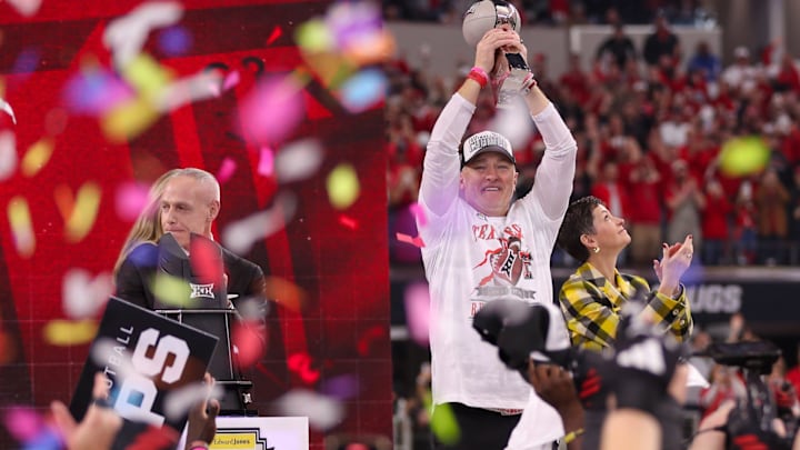 Texas Tech head coach Joey McGuire lifts the trophy as confetti starts to fall after the Red Raiders beat BYU 34-7 in Big 12 Championship football game, Saturday, Nov. 6, 2025, at AT&T Stadium in Arlington. Texas Tech head coach Joey McGuire lifts the trophy as confetti starts to fall after the Red Raiders beat BYU 34-7 in Big 12 Championship football game, Saturday, Nov. 6, 2025, at AT&T Stadium in Arlington.