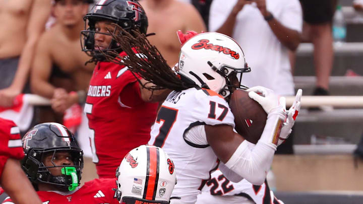 Oregon State's Skyler Thomas intercepts a pass against Texas Tech during a non-conference football game, Saturday, Sept. 13, 2025, at Jones AT&T Stadium.