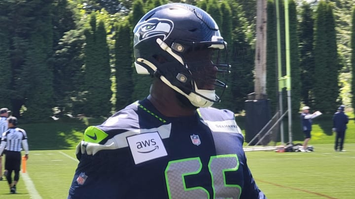 Seahawks guard McClendon Curtis looks on during a blocking drill at mandatory minicamp.