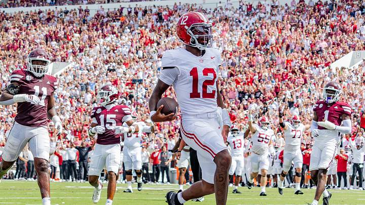 Alabama quarterback Keelon Russell runs it in for a touchdown in the first half of the game against Mississippi State on Oct 3, 2026. Alabama quarterback Keelon Russell runs it in for a touchdown in the first half of the game against Mississippi State on Oct 3, 2026.