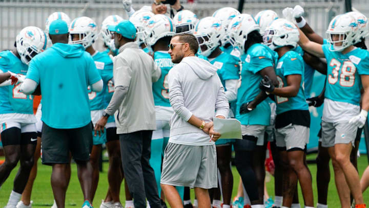 Miami Dolphins watches practice at training camp at Baptist Health Training Complex, Wednesday, July