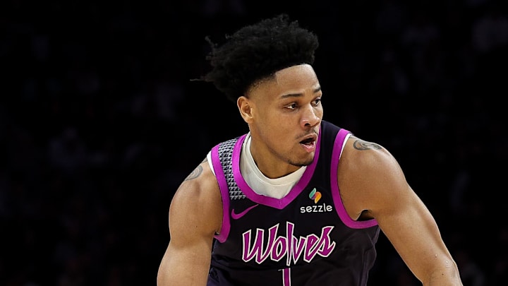 Mar 28, 2026; Minneapolis, Minnesota, USA; Minnesota Timberwolves guard Terrence Shannon Jr. (1) drives towards the basket against the Detroit Pistons during the first half at Target Center. Mandatory Credit: Matt Krohn-Imagn Images