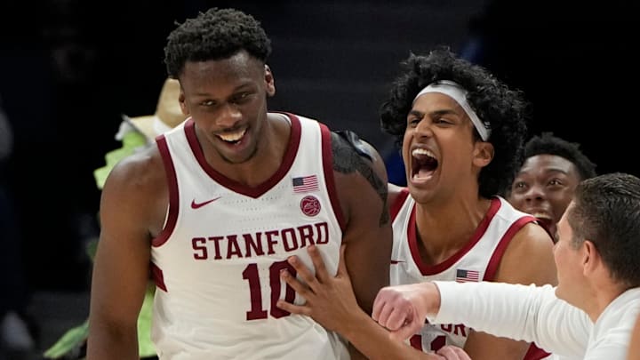 Mar 12, 2025; Charlotte, NC, USA; Stanford Cardinal forward Chisom Okpara (10) reacts with guard Ryan Agarwal (11) after scoring a basket and being fouled late in the second half at Spectrum Center. Mandatory Credit: Bob Donnan-Imagn Images Mar 12, 2025; Charlotte, NC, USA; Stanford Cardinal forward Chisom Okpara (10) reacts with guard Ryan Agarwal (11) after scoring a basket and being fouled late in the second half at Spectrum Center. Mandatory Credit: Bob Donnan-Imagn Images