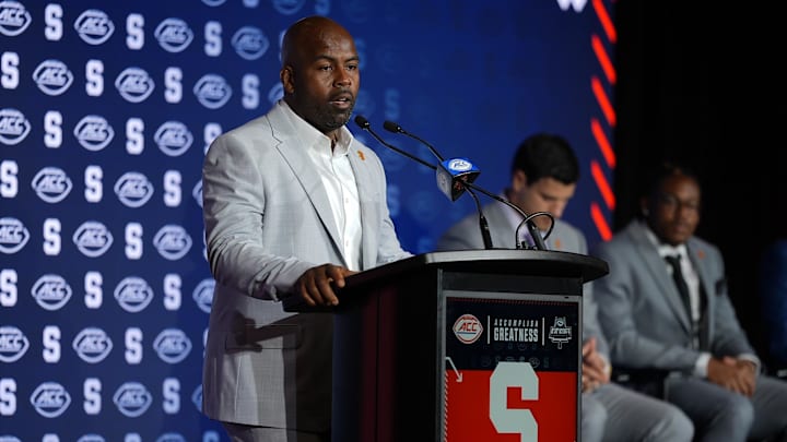 Jul 23, 2025; Charlotte, NC, USA; Syracuse Head Coach Fran Brown answers questions from the media during ACC Media days at Hilton Charlotte Uptown. Mandatory Credit: Jim Dedmon-Imagn Images Jul 23, 2025; Charlotte, NC, USA; Syracuse Head Coach Fran Brown answers questions from the media during ACC Media days at Hilton Charlotte Uptown. Mandatory Credit: Jim Dedmon-Imagn Images