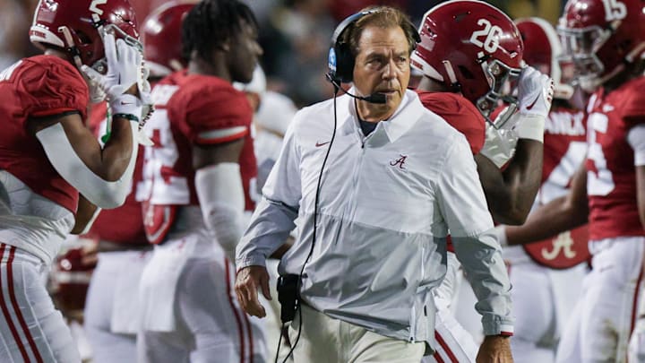 Nov 5, 2022; Baton Rouge, Louisiana, USA; Alabama Crimson Tide head coach Nick Saban looks on against the LSU Tigers during the first half at Tiger Stadium. Mandatory Credit: Stephen Lew-Imagn Images