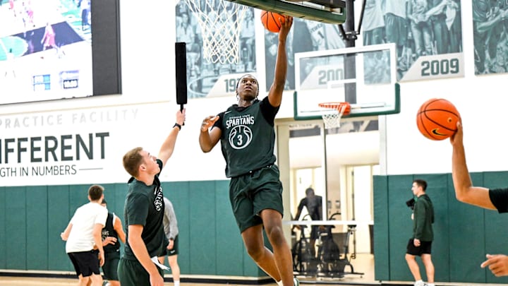Michigan State's Cam Ward shoots a layup during the first day of basketball practice on Monday, Sept. 22, 2025, at the Breslin Center in East Lansing.